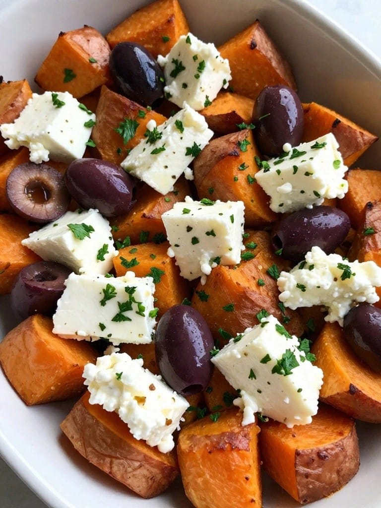Mediterranean Feta Olive and Herb Sweet Potato Casserole