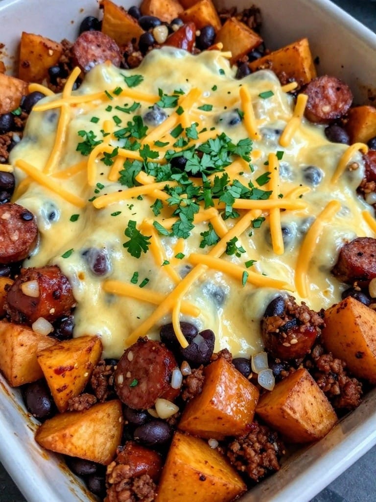 Spicy Chorizo and Black Bean Sweet Potato Casserole