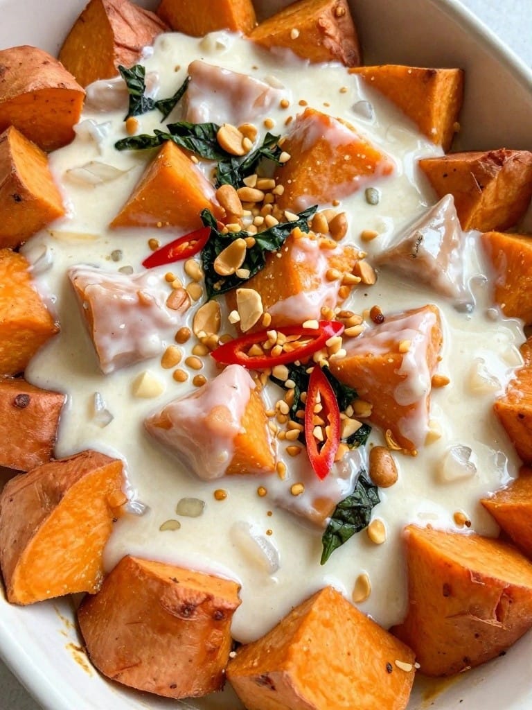 Thai Basil Coconut Sweet Potato Casserole with Peanuts