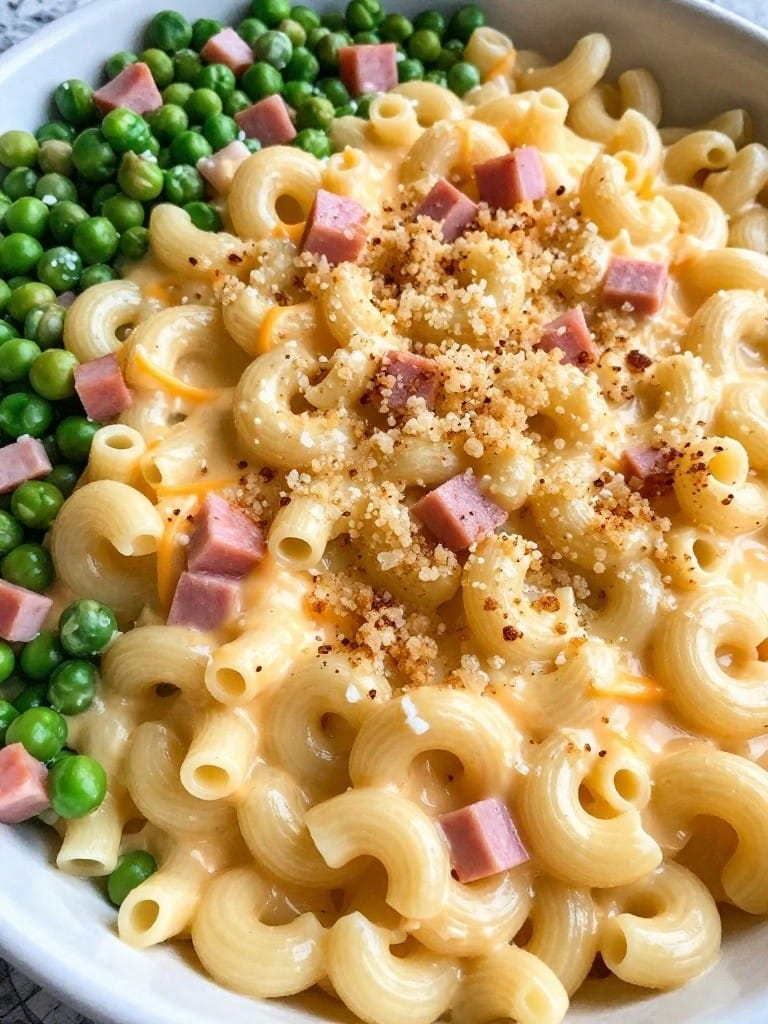 Ham, Pea, and Sharp Cheddar Elbow Macaroni Casserole