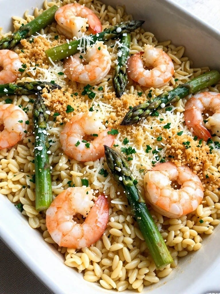 Lemon Garlic Shrimp and Asparagus Orzo Gratin