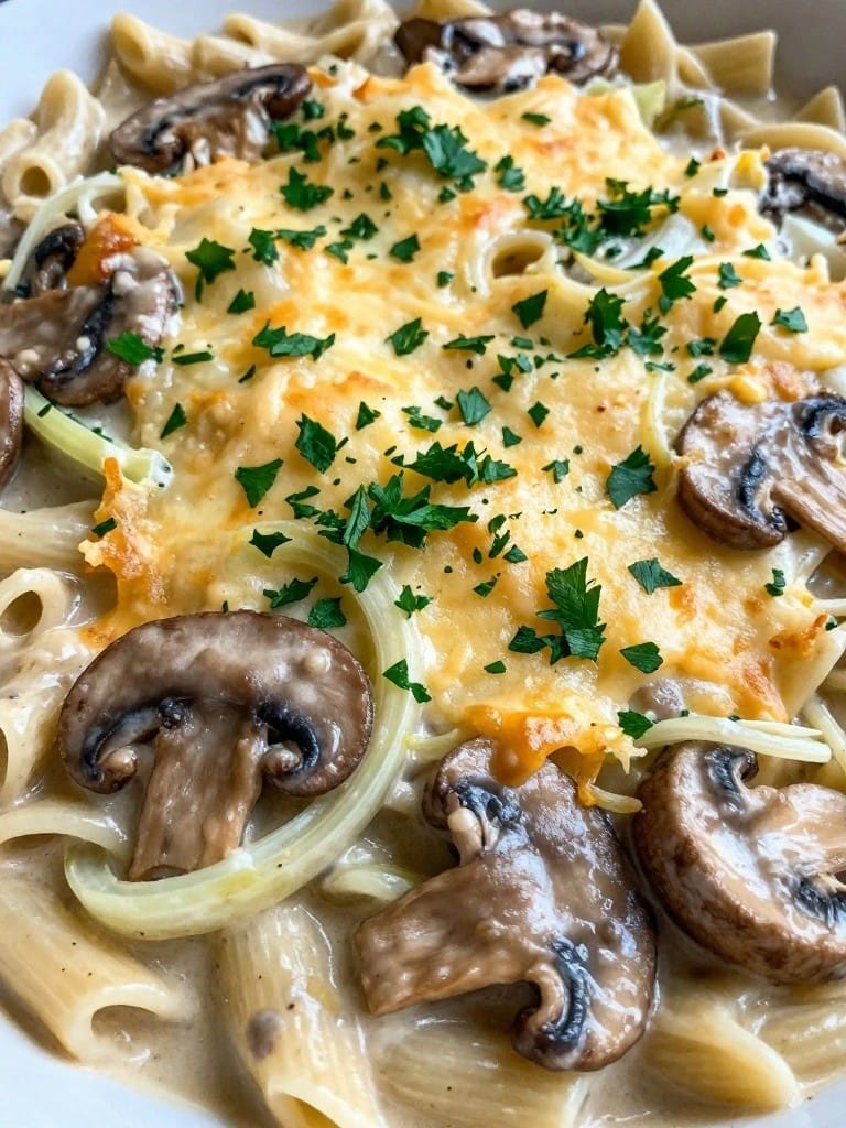 Mushroom and Leek Stroganoff Pasta Bake