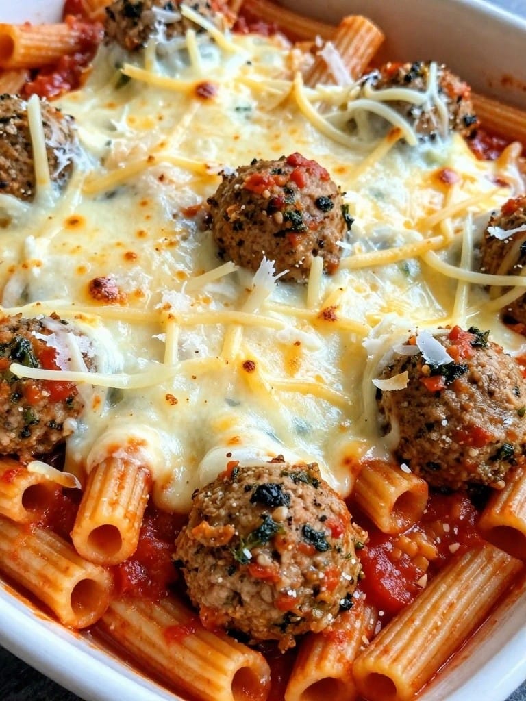 Pesto Turkey Meatball Ziti Casserole