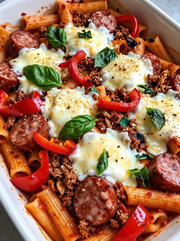 Spicy Italian Sausage and Roasted Pepper Rigatoni Casserole