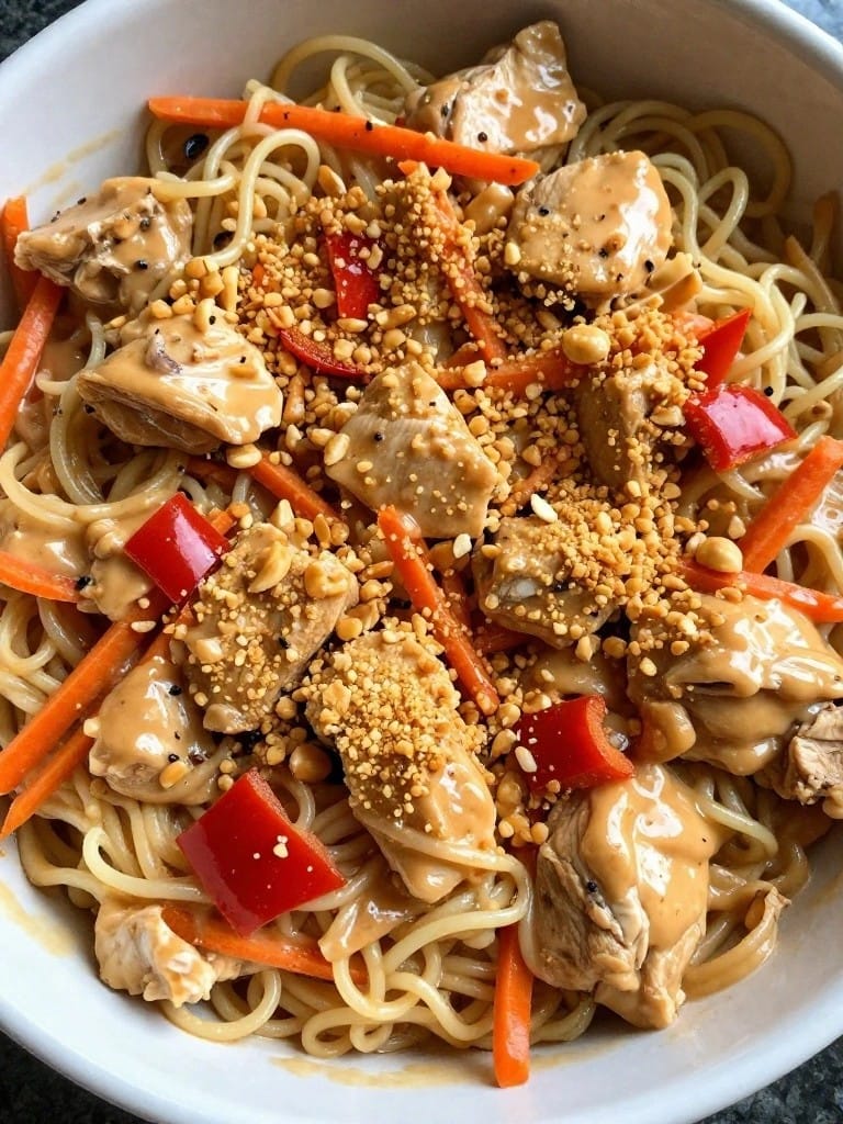 Thai Peanut Chicken Noodle Casserole with Crunchy Topping