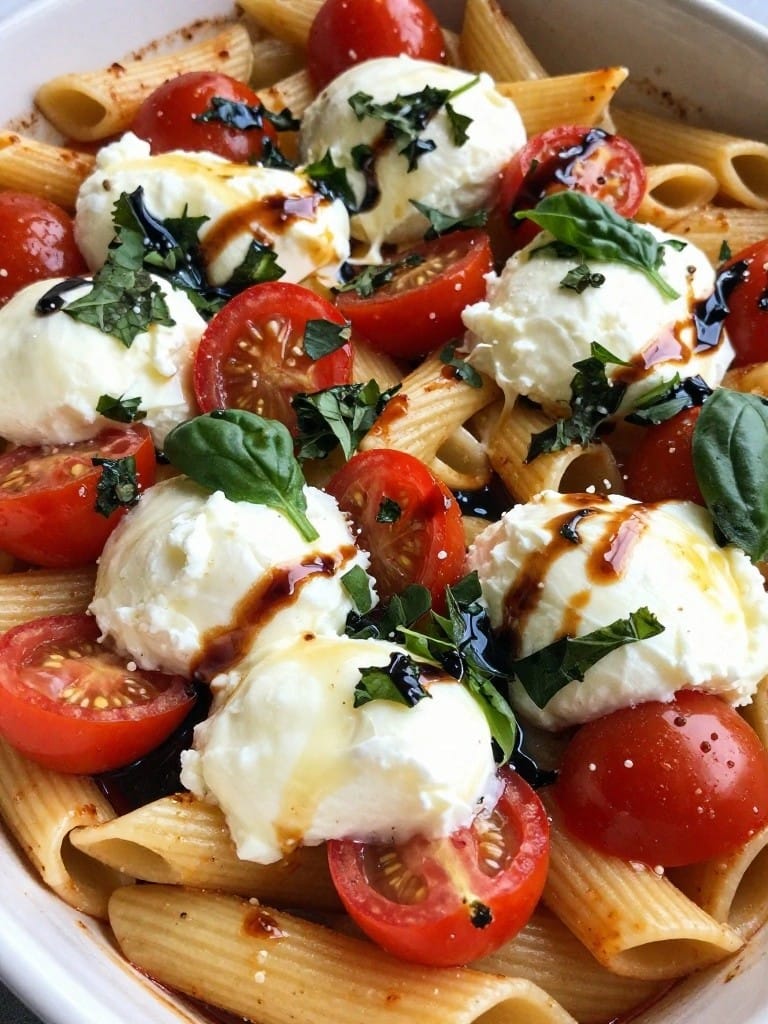 Caprese Penne Bake with Mozzarella and Balsamic Drizzle