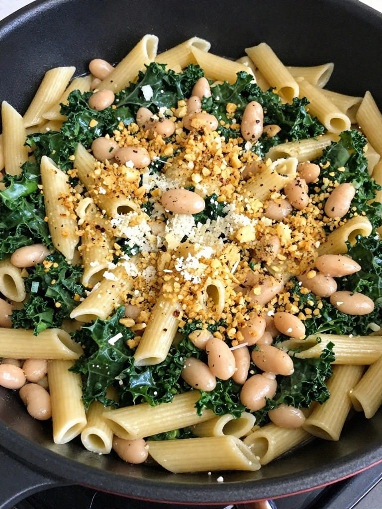 Kale and White Bean Penne Casserole with Garlic Breadcrumbs