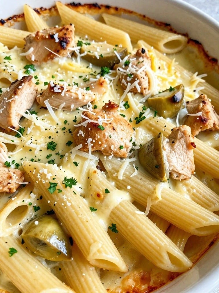 Lemon Herb Chicken Penne Bake with Artichokes