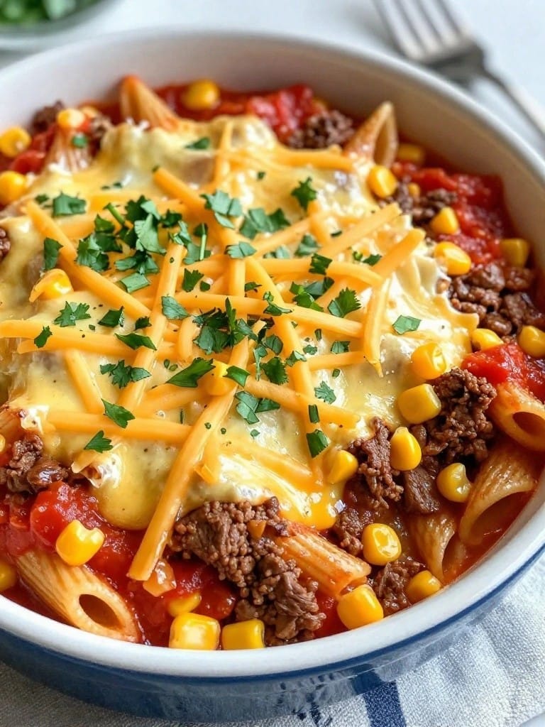 Mexican-Style Beef and Corn Penne Bake