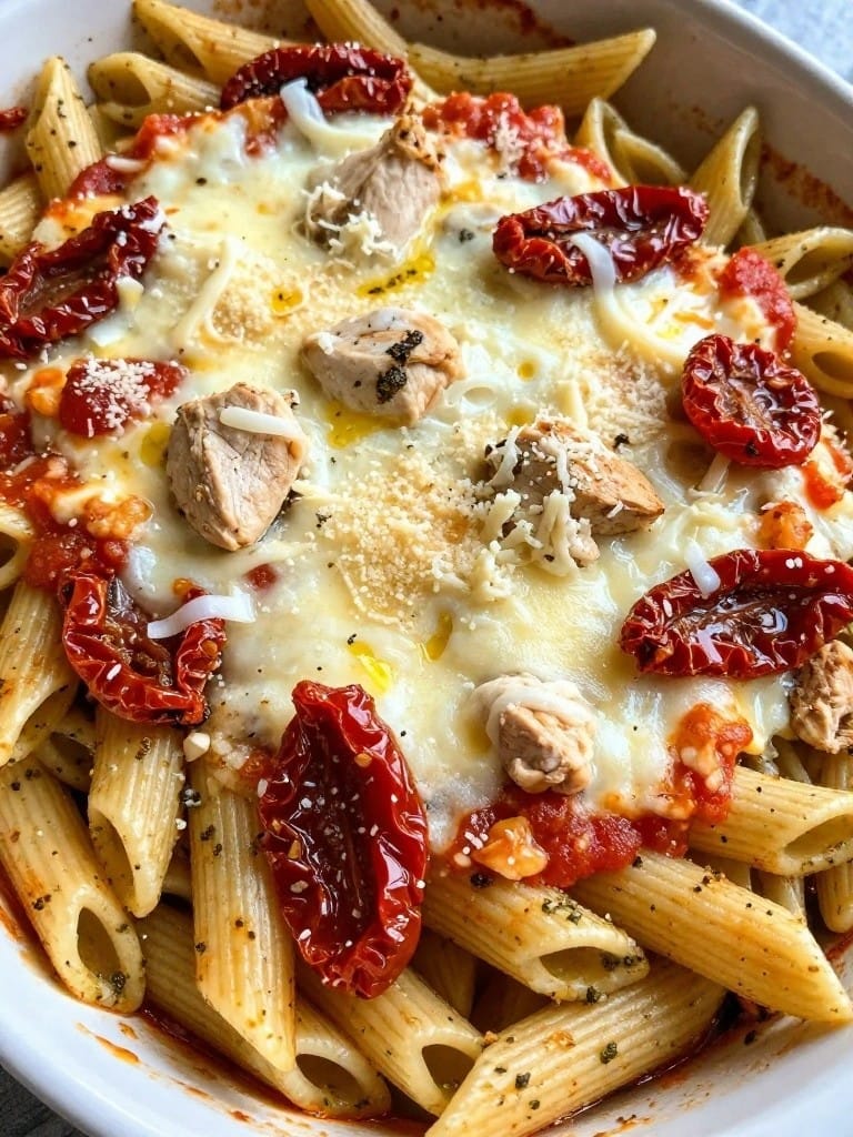 Pesto Chicken Penne Bake with Sun-Dried Tomatoes