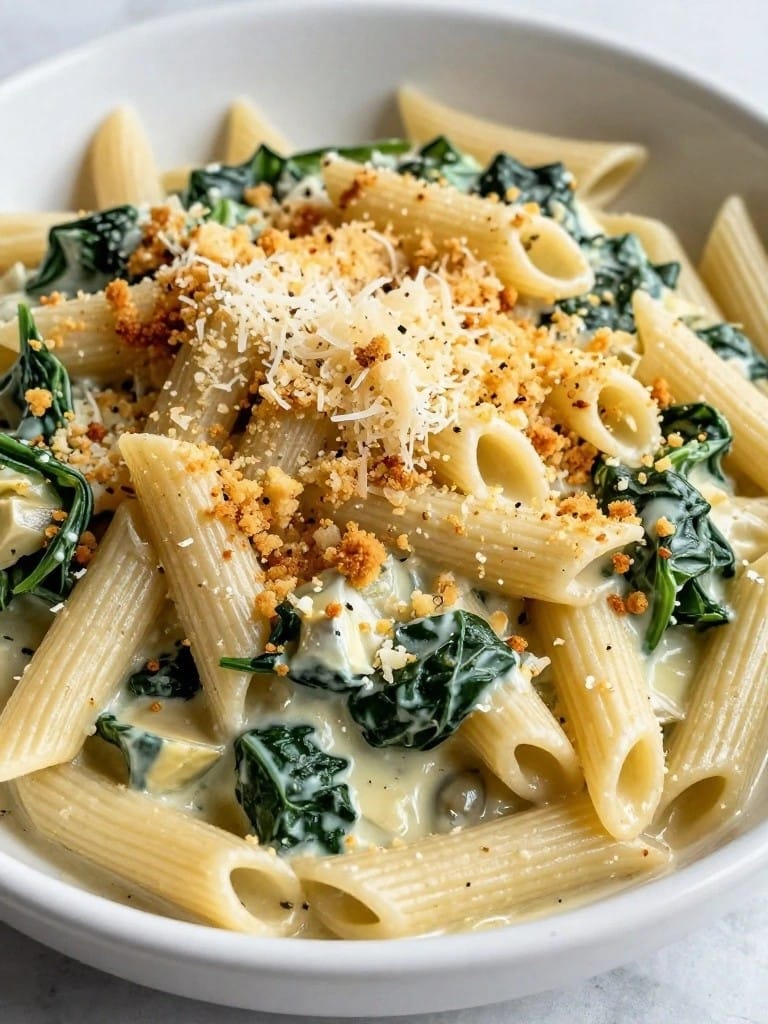 Spinach Artichoke Penne Bake with Parmesan Crust