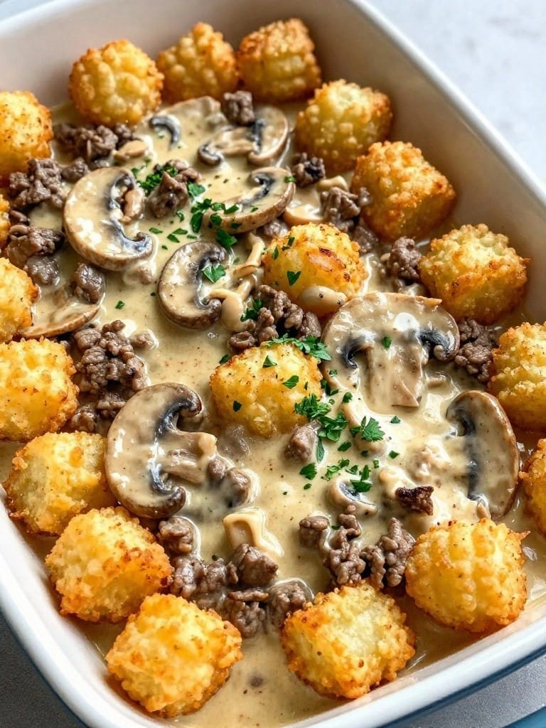 Creamy Beef Stroganoff Tater Tot Casserole