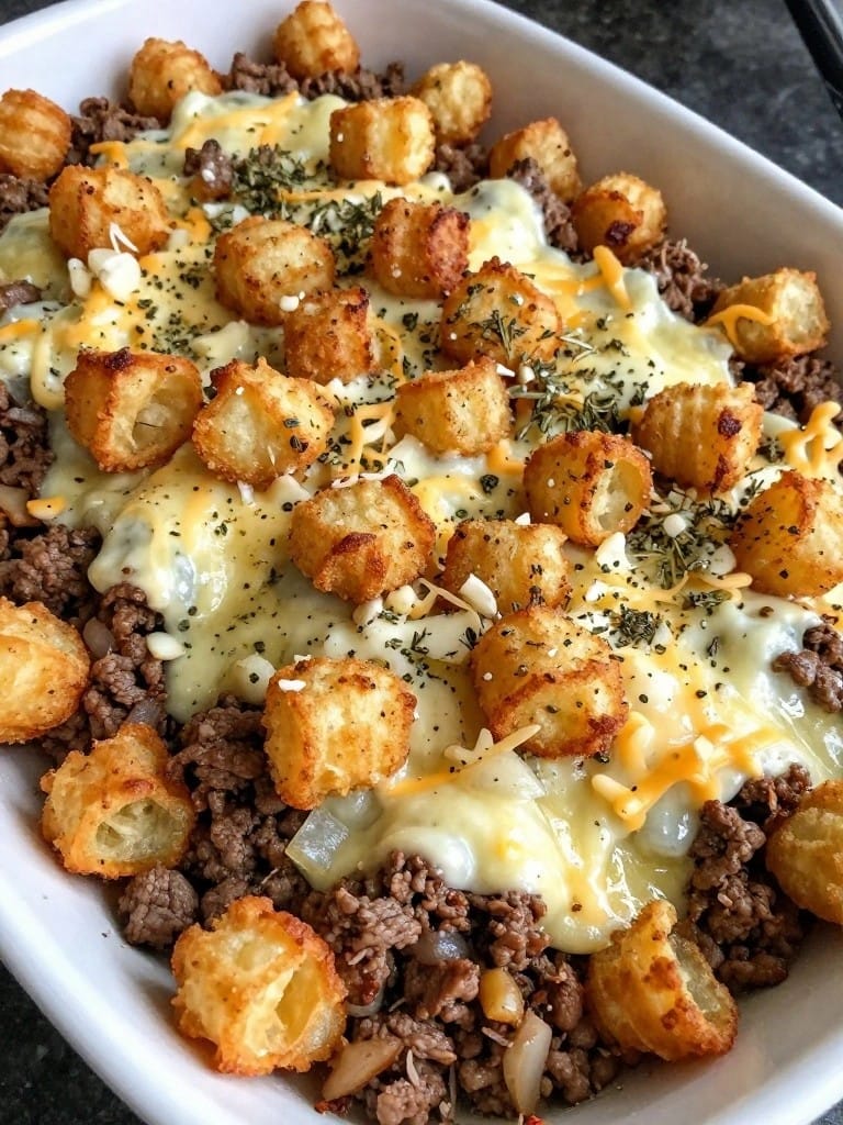 Garlic Herb Parmesan Tater Tot Beef Casserole