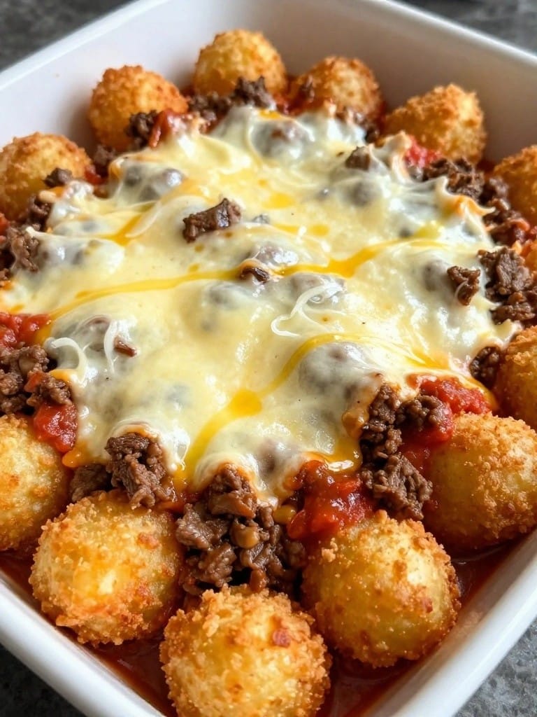 Italian Marinara Mozzarella Tater Tot Beef Casserole