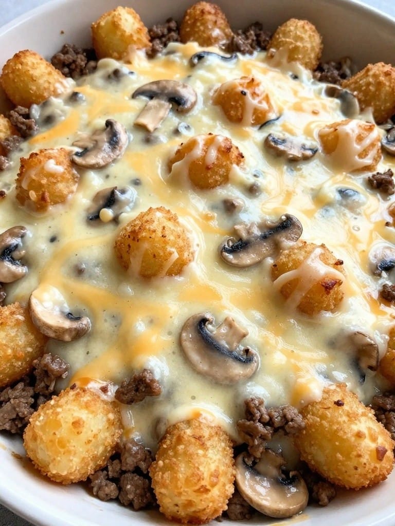 Mushroom Gravy Swiss Tater Tot Beef Casserole