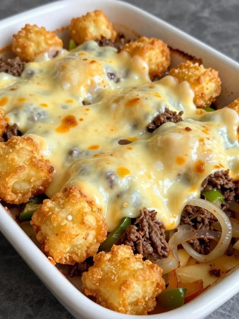 Philly Cheesesteak Tater Tot Beef Casserole