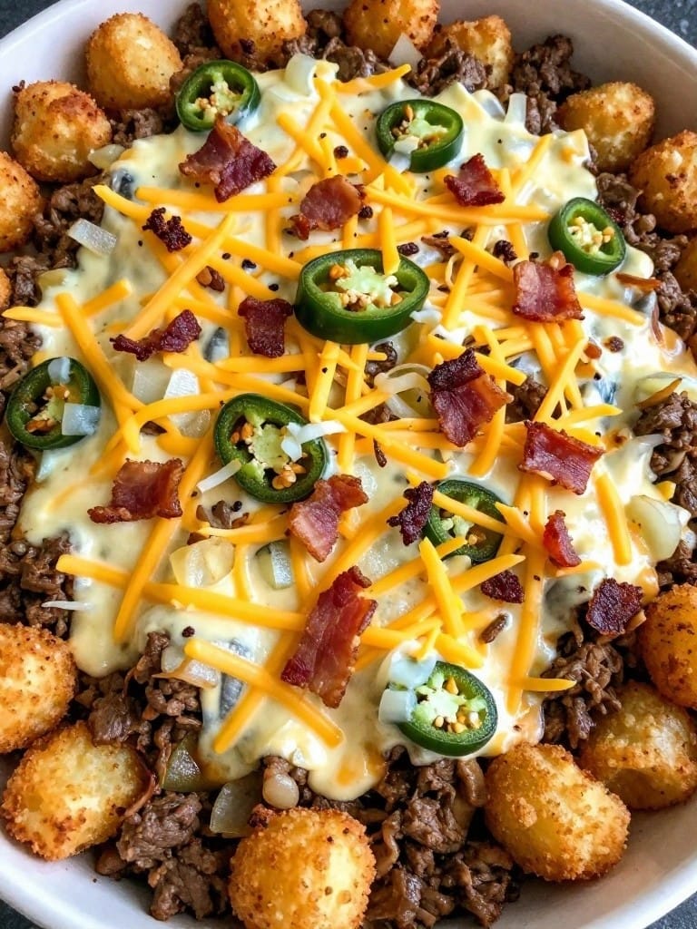 Spicy Jalapeño Popper Tater Tot Beef Casserole