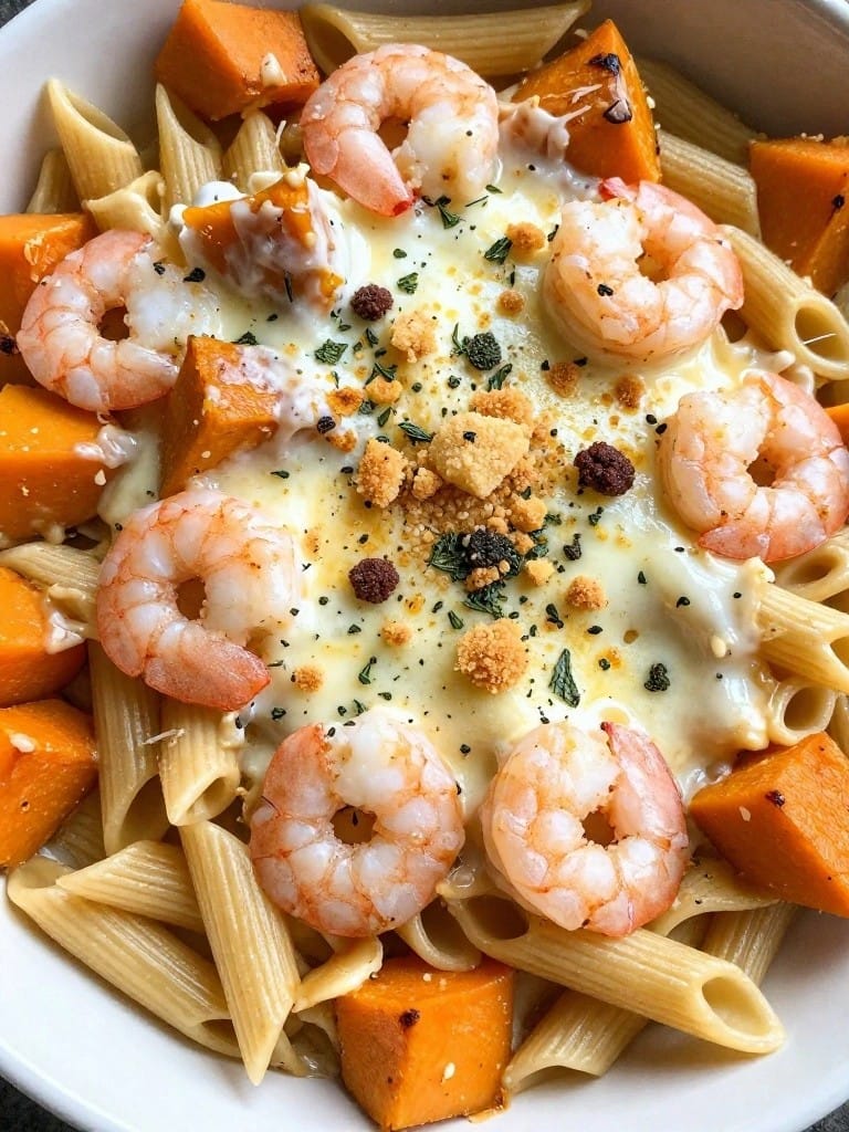 Butternut Squash Sage Shrimp Pasta Bake