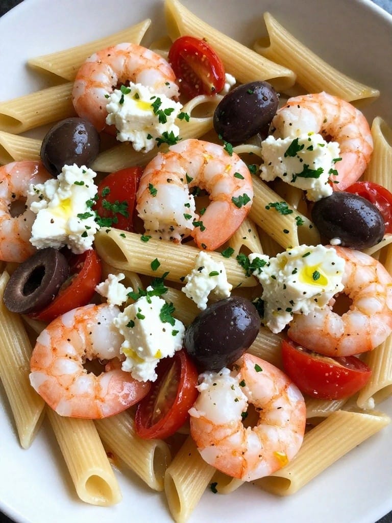 Mediterranean Feta Olive Shrimp Pasta Casserole