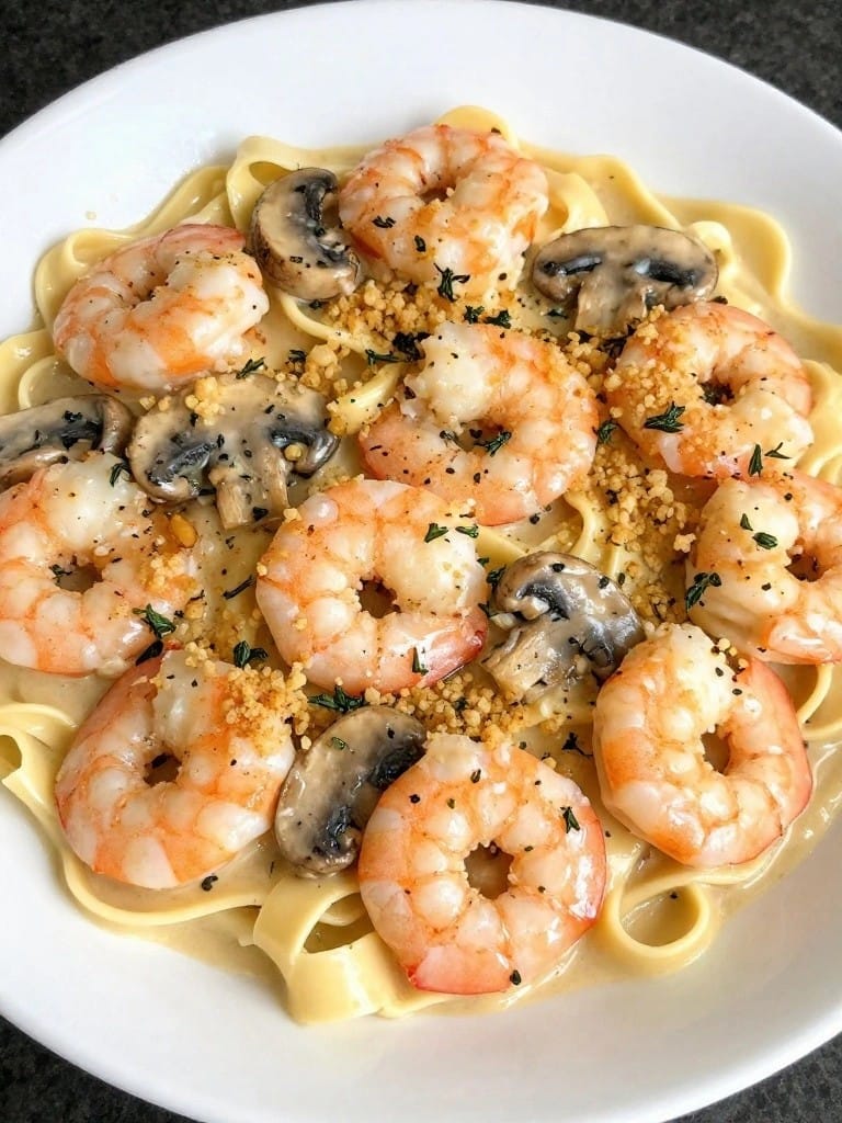 Mushroom Thyme Shrimp Stroganoff Casserole