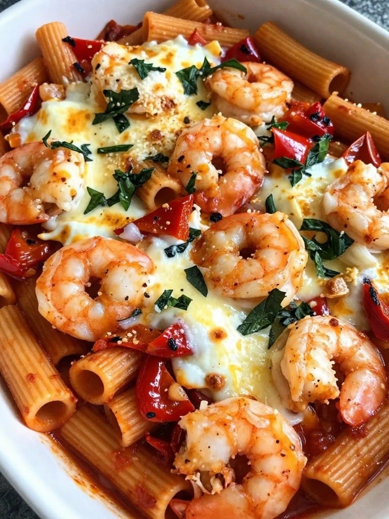 Roasted Red Pepper Shrimp Rigatoni Bake