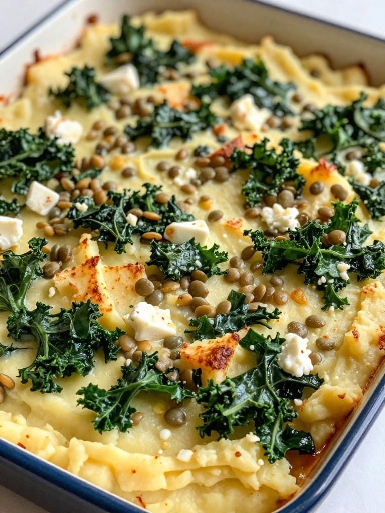 Lentil Kale and Goat Cheese Mashed Potato Casserole