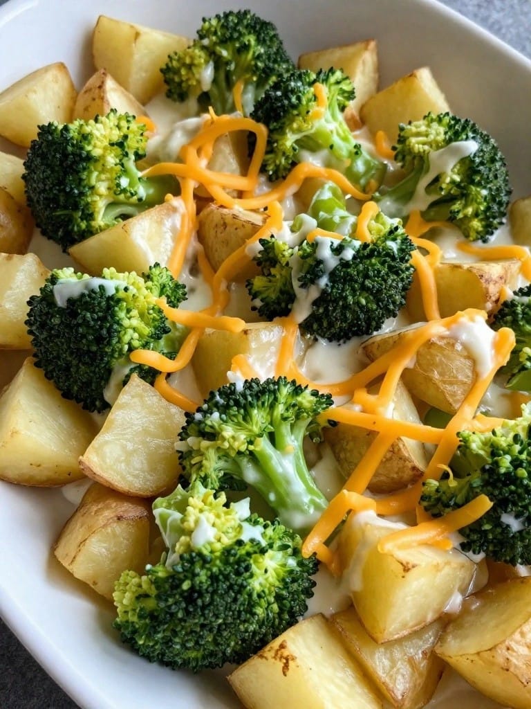 Broccoli Cheddar Potato Casserole with Greek Yogurt Sauce