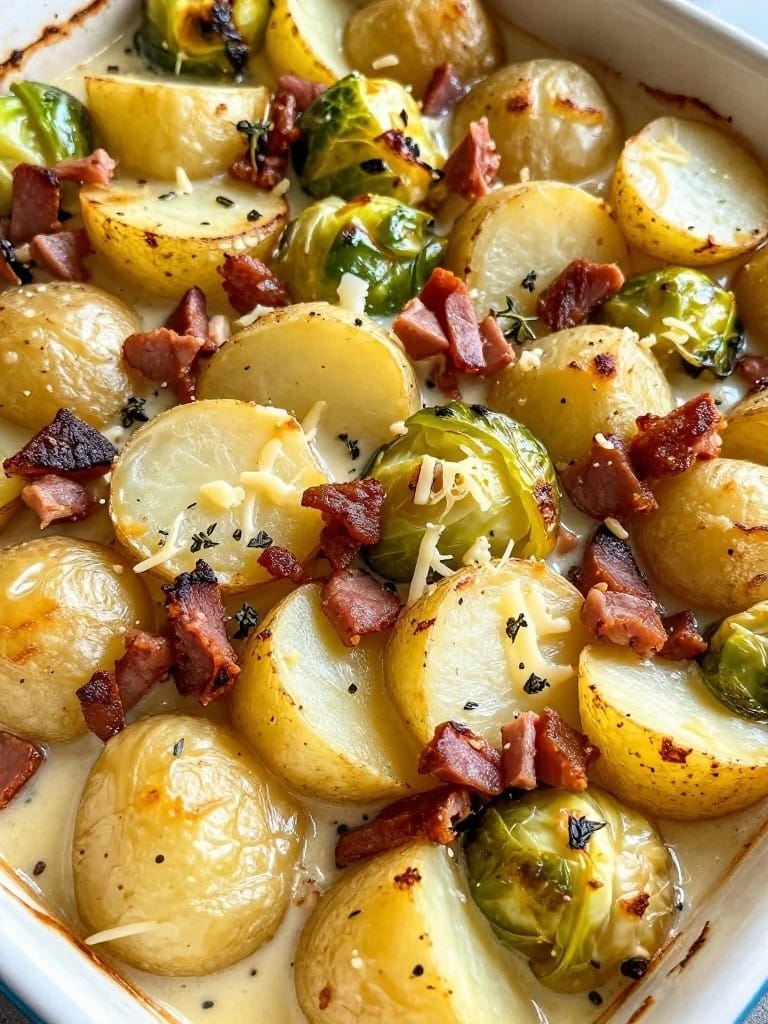 Brussels Sprouts and Pancetta Potato Casserole