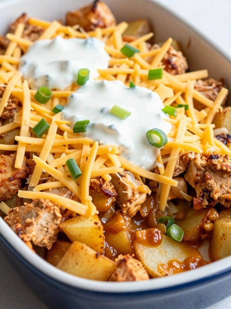 Buffalo Chicken Potato Casserole with Light Ranch Topping