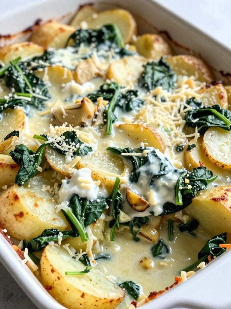 Cheesy Spinach Artichoke Potato Casserole