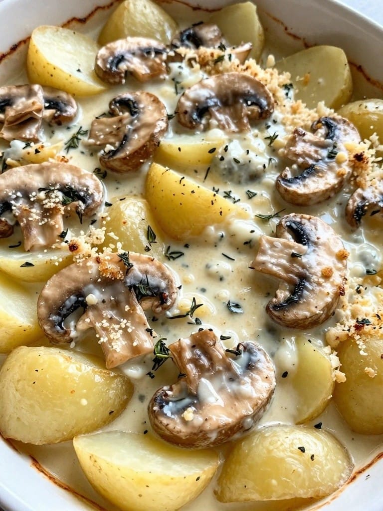 Creamy Garlic Mushroom and Thyme Potato Bake