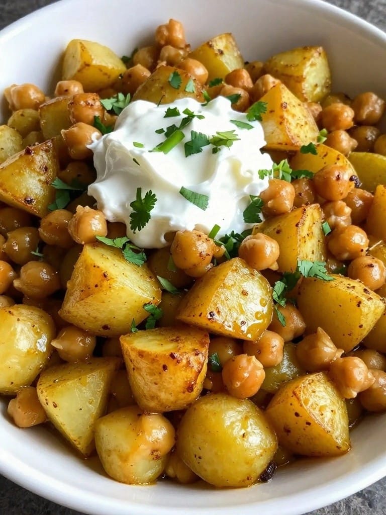 Curried Chickpea Potato Casserole with Yogurt Sauce