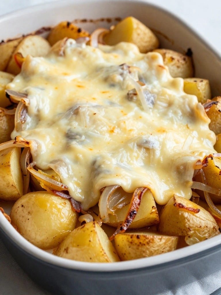 French Onion Potato Casserole with Light Gruyere Crust