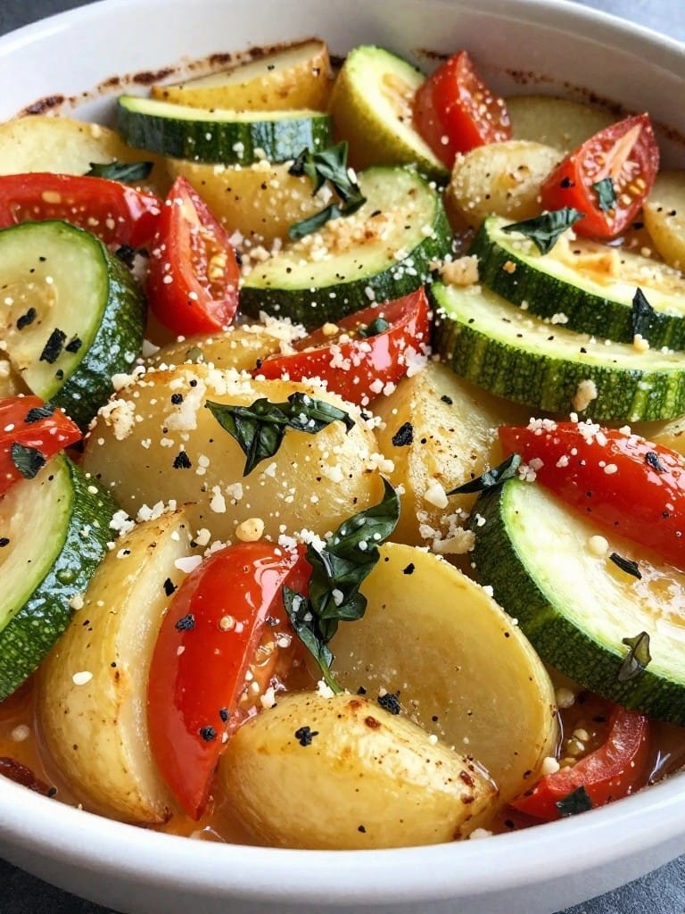 Zucchini Tomato and Basil Mediterranean Potato Gratin