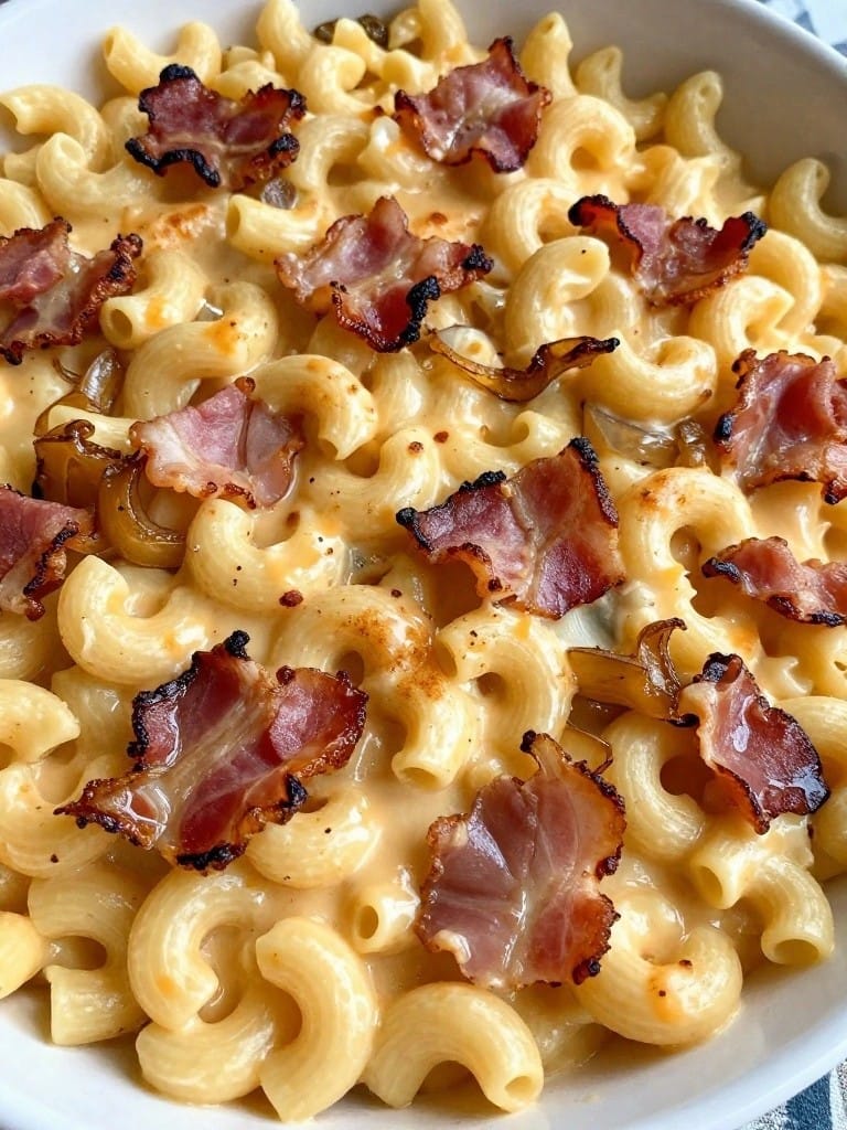 Bacon and Caramelized Onion Macaroni and Cheese Bake