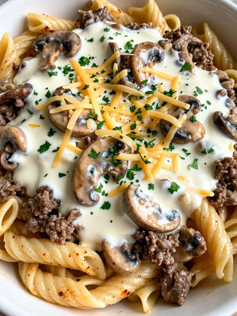 Beef and Mushroom Stroganoff-Style Baked Pasta