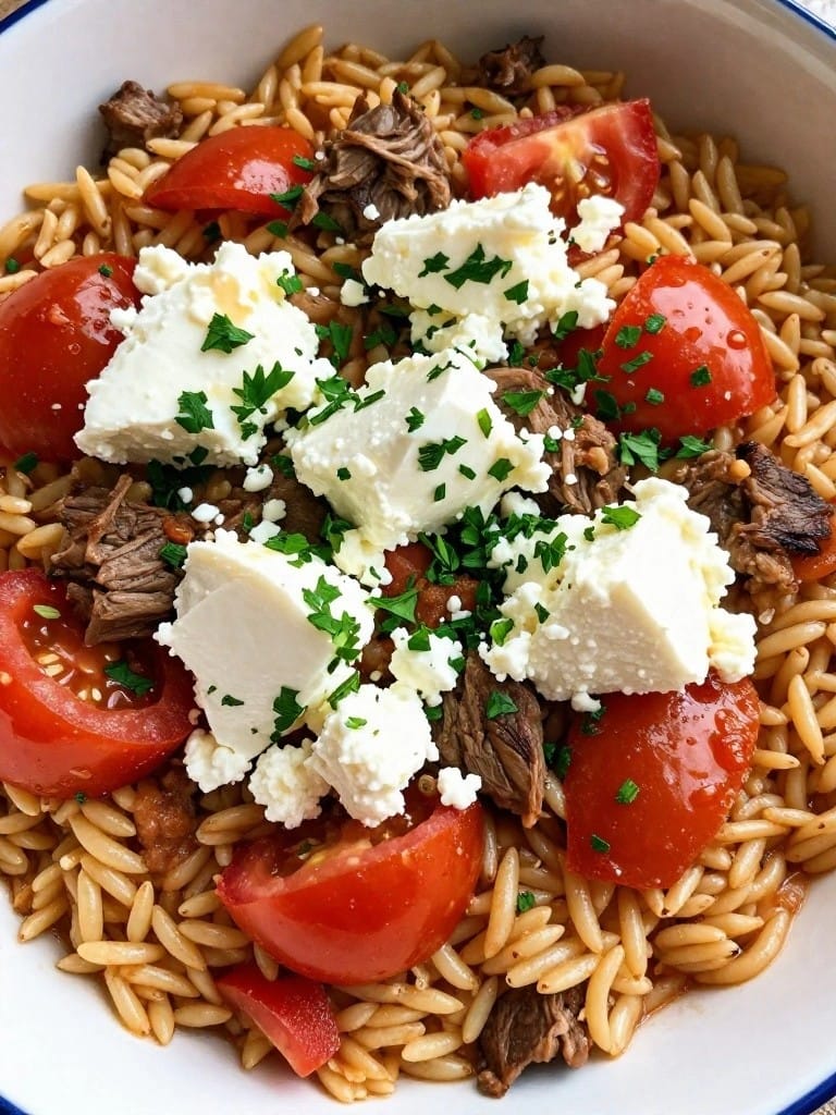 Greek Lamb and Feta Baked Orzo with Tomatoes