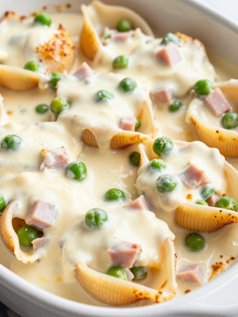 Ham and Pea Baked Shells in White Cheddar Sauce