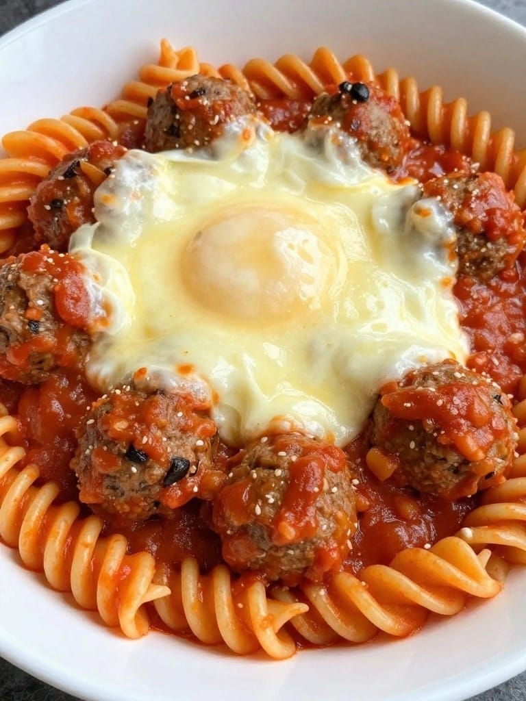 Meatball Marinara Baked Rotini with Mozzarella