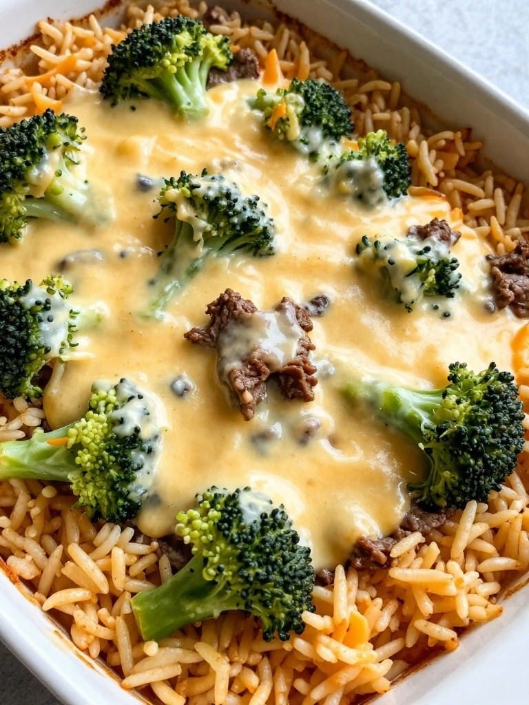 Beef and Broccoli Cheddar Rice Bake
