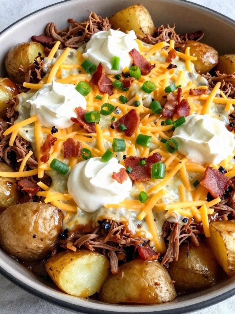 BBQ Pulled Pork Loaded Baked Potato Casserole