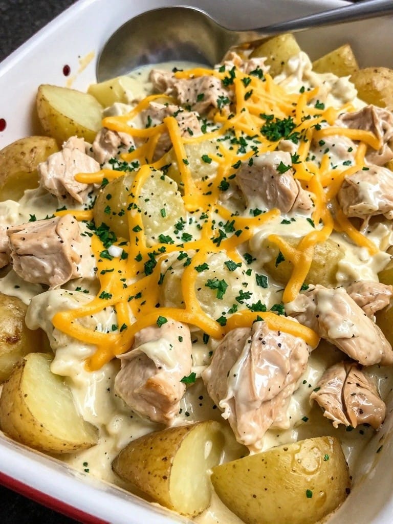 Garlic Herb Chicken Alfredo Loaded Baked Potato Casserole