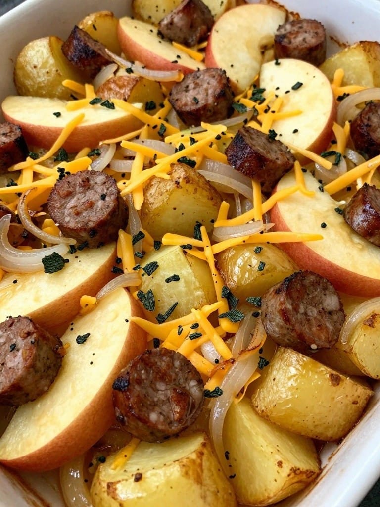 Apple Sage Sausage Potato Casserole with Caramelized Onions