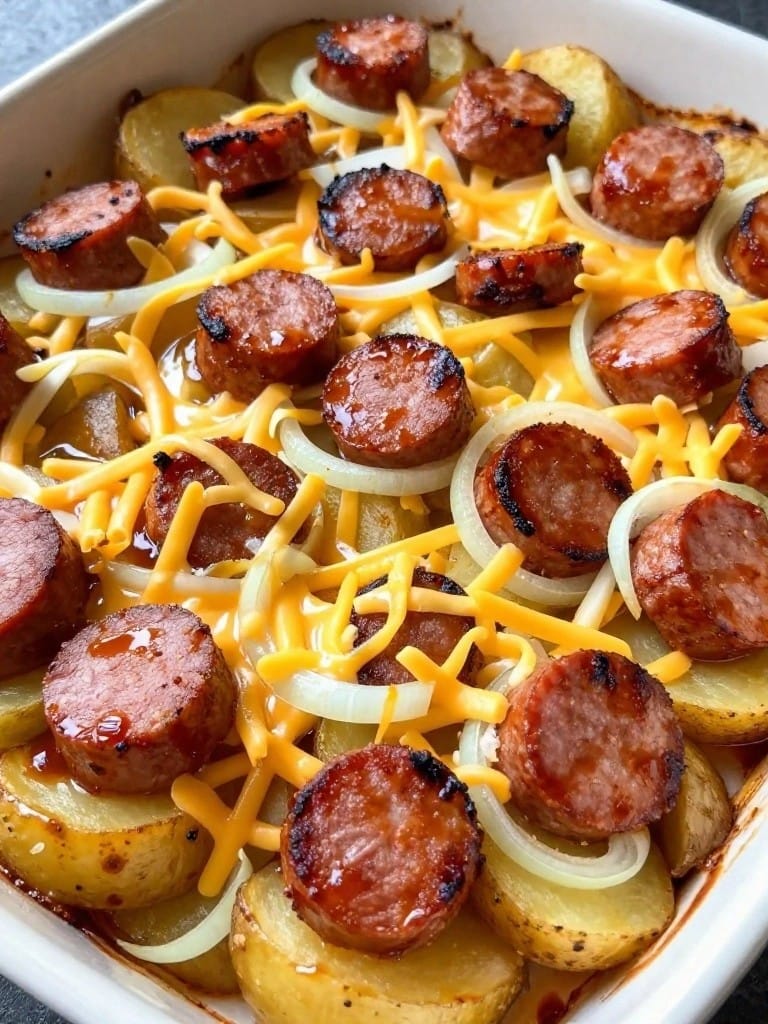 Barbecue Sausage Potato Casserole with Smoked Gouda