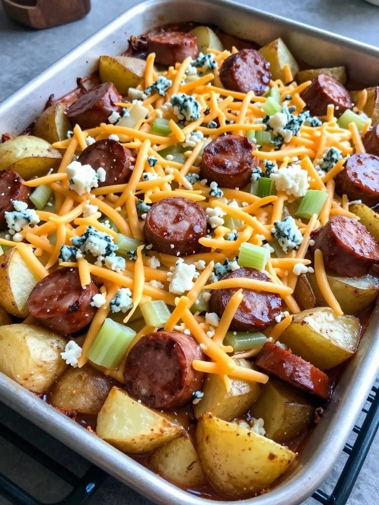 Buffalo Sausage Potato Casserole with Blue Cheese and Celery