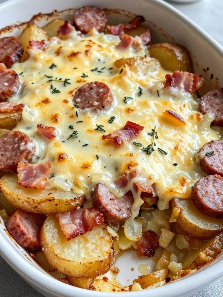 Creamy Bacon and Sausage Potato Gratin with Thyme