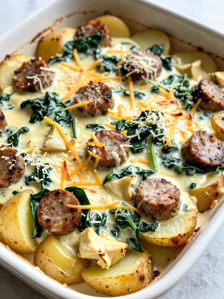 Creamy Spinach and Artichoke Sausage Potato Casserole