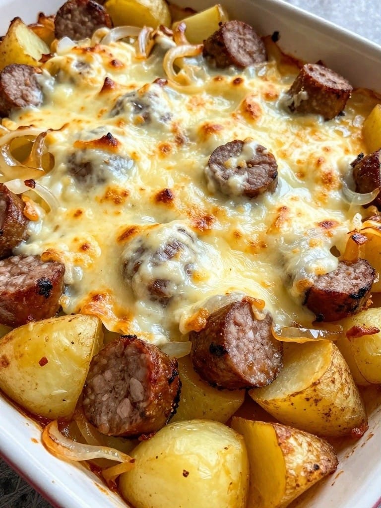 French Onion Sausage Potato Casserole with Gruyère