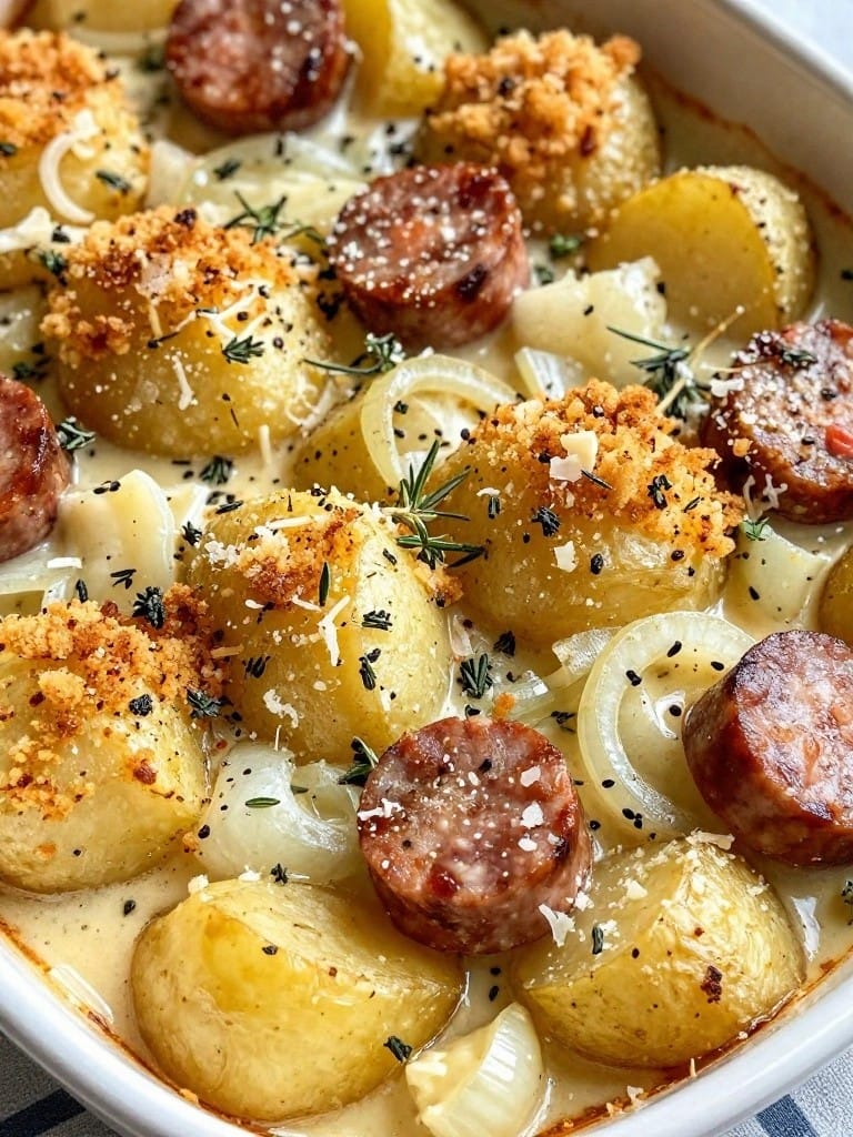 Herb-Crusted Garlic Sausage Potato Casserole with Parmesan