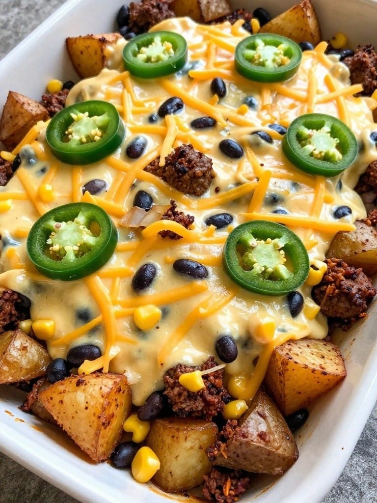 Loaded Tex-Mex Sausage Potato Casserole with Queso and Jalapeños